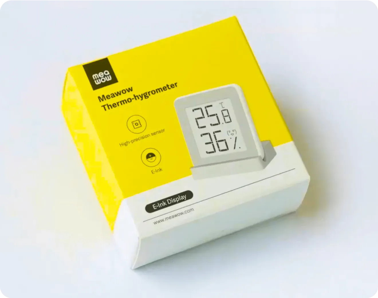Yellow and white box of Meawow Thermo-hygrometer featuring an image of the device with a digital display showing 25.8°C and 36% humidity.