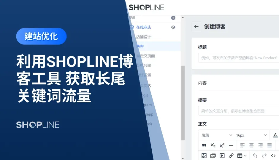 本文介绍了利用SHOPLINE博客工具来获取长尾关键词流量。商家需要在SHOPLINE后台开启博客，路径是：SHOPLINE后台-在线商店-博客板块。然后制定内容策略，这是为了获得长效的长尾关键词流量。之后制作内容发布日历、持续产出高价值的博客、全渠道推广你的博客内容、监控博客流量获取效率。