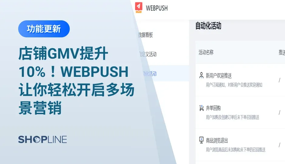 SHOPLINE新上线的推送工具——WEPUSH插件，通过自定义推送和电商场景自动化推送，让推送通过弹窗直达意向用户，大大提升了日常消息的营销效率。使用WEPUSH插件，跨境电商卖家可以实现自定义推送，自由设置推送内容和推送时间、可以根据电商事件设置实现自动化推送、可以根据分组实现定向推送。