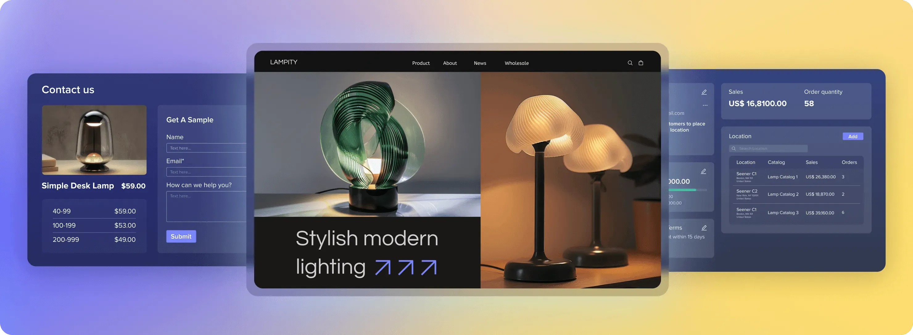 Website interface showcasing stylish modern desk lamps, a contact form for sample requests, and sales and order data panels.