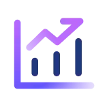 Bar chart with three vertical bars and a line graph with an upward arrow indicating growth.