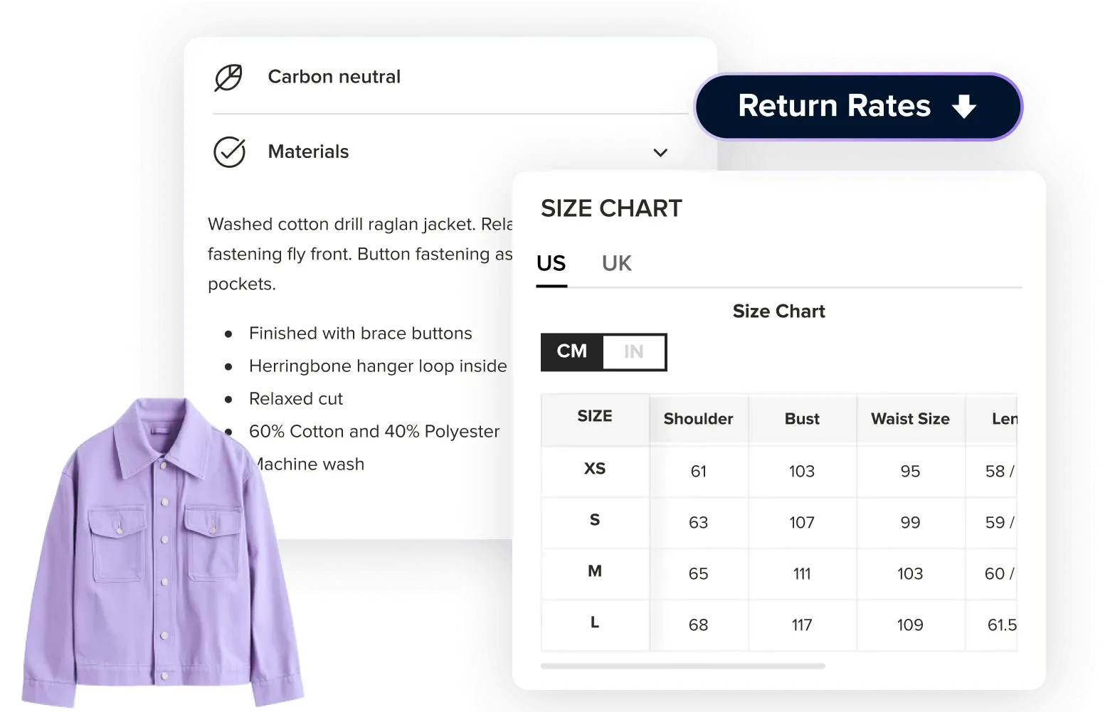 Size chart of a purple t-shirt