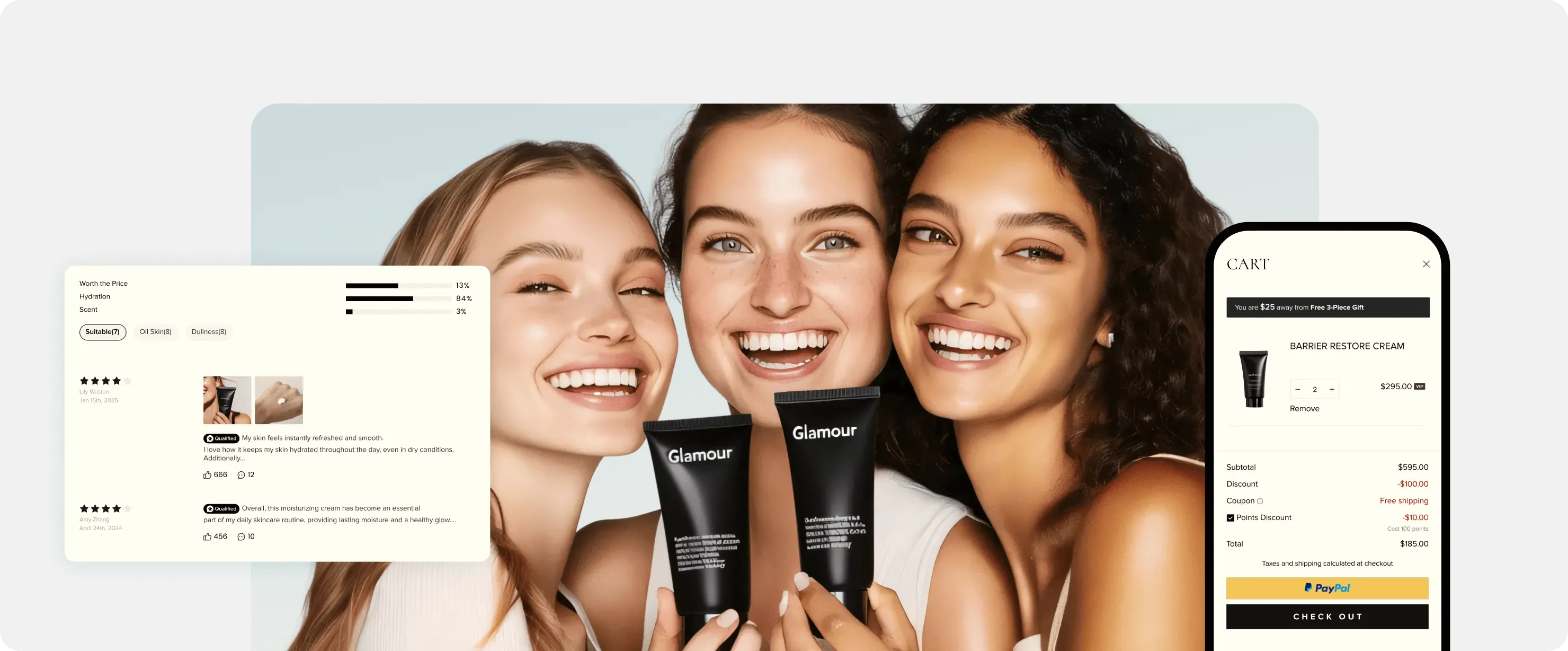 Three girls smiling with skincare set on their hands