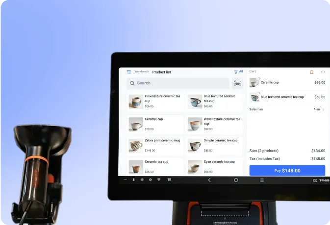 Point-of-sale touchscreen displaying a product list of ceramic tea cups with prices and a payment section totaling $148.