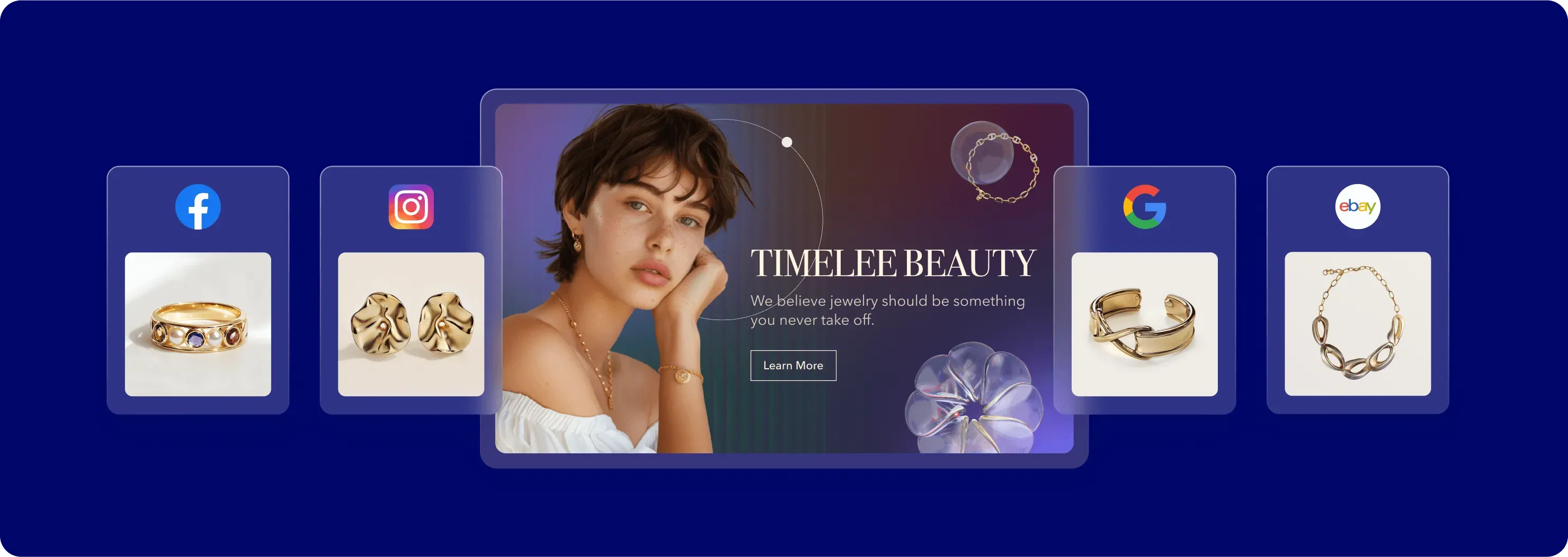 Fashion model wearing gold jewelry with text 'Timelee Beauty' and icons of Facebook, Instagram, Google, and eBay showcasing various gold jewelry pieces.