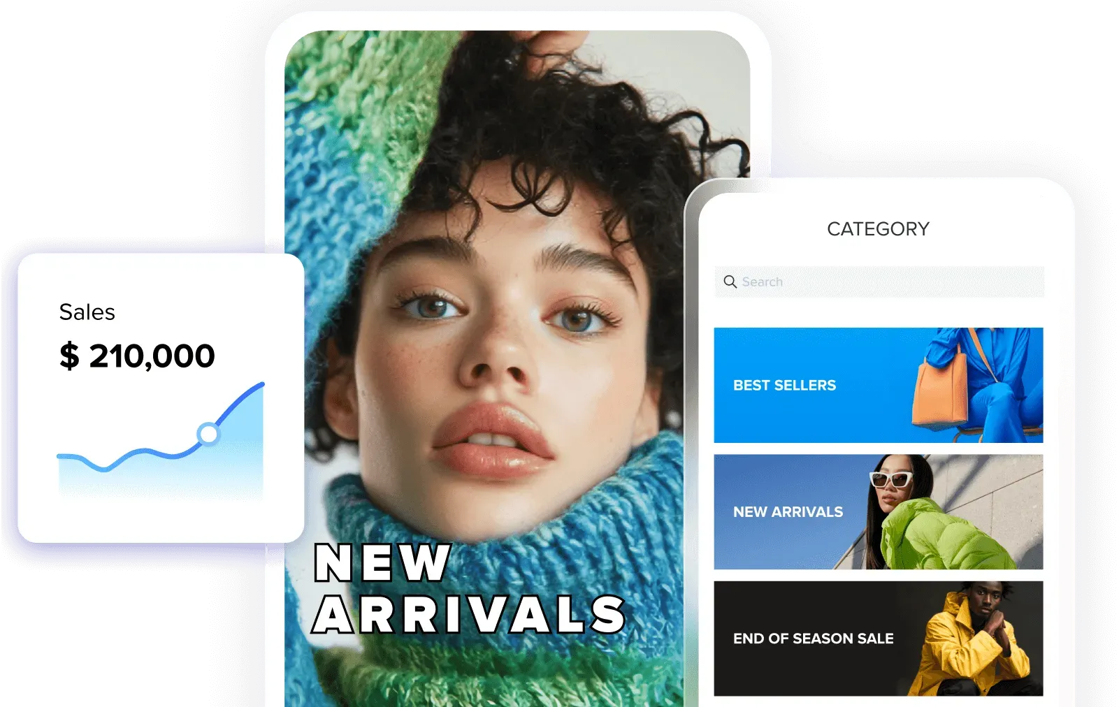 Close-up of a woman wearing a colorful knitted sweater with 'New Arrivals' text; alongside a sales graph showing $210,000 and a mobile app category menu with best sellers, new arrivals, and end of season sale sections.