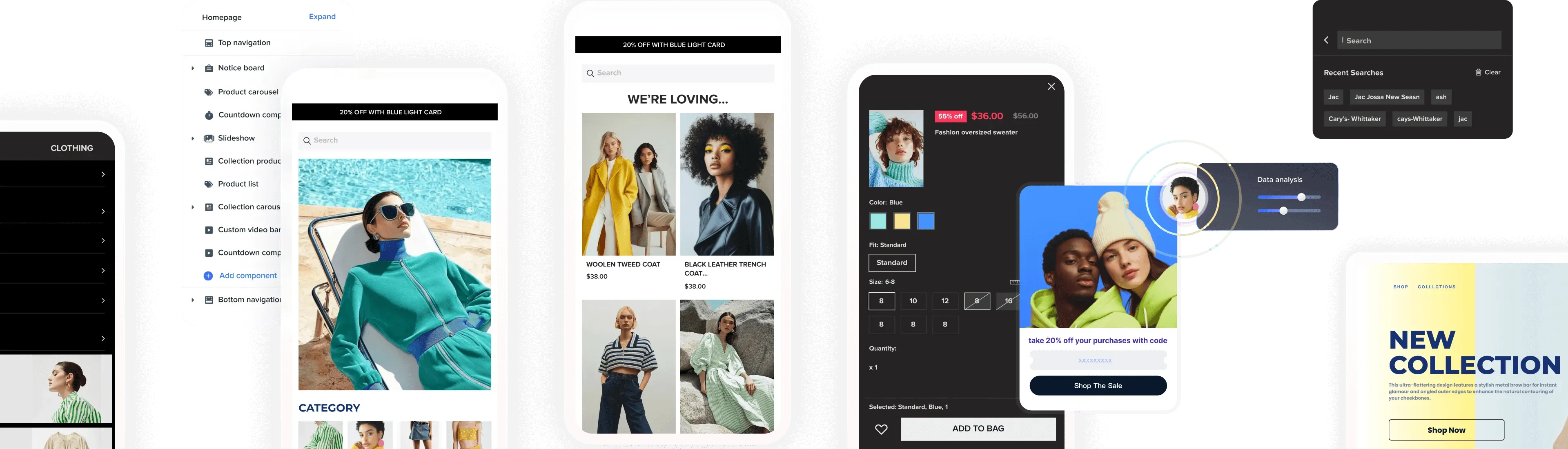 Collage of mobile screens showing a fashion shopping app with product browsing, search, category selection, product details, and promotional discounts.