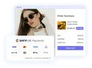 E-commerce checkout screen showing a woman wearing sunglasses, payment options including Visa, Mastercard, Amex, Apple Pay, and an order summary for gold tinted sunglasses with price, tax, shipping, and a checkout button.