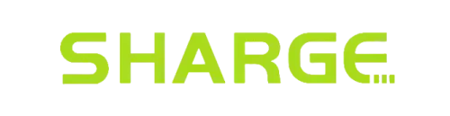 SHARGE brand name in bold, lime green stylized uppercase letters on a black background.