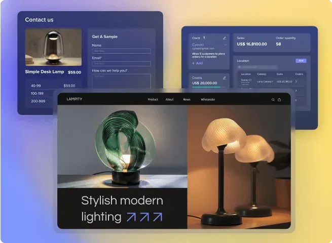 Website interface showing contact form, product pricing, and stylish modern lighting with photos of contemporary lamps.