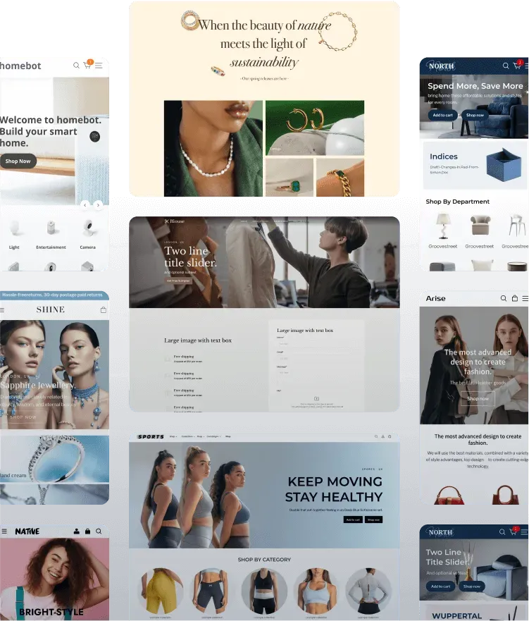 Collage of website homepage screenshots featuring fashion, jewelry, smart home, sportswear, and furniture with various promotional texts and product images.