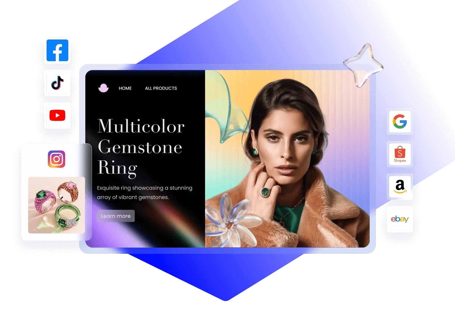 Website banner showing a woman wearing a multicolor gemstone ring and matching earrings, with social media icons on left and e-commerce platform icons on right.