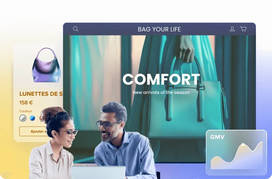 Smiling man and woman wearing glasses working together on a laptop with a large screen behind showing a handbag and text reading 'COMFORT New arrivals of the season', and a small GMV chart in the corner.